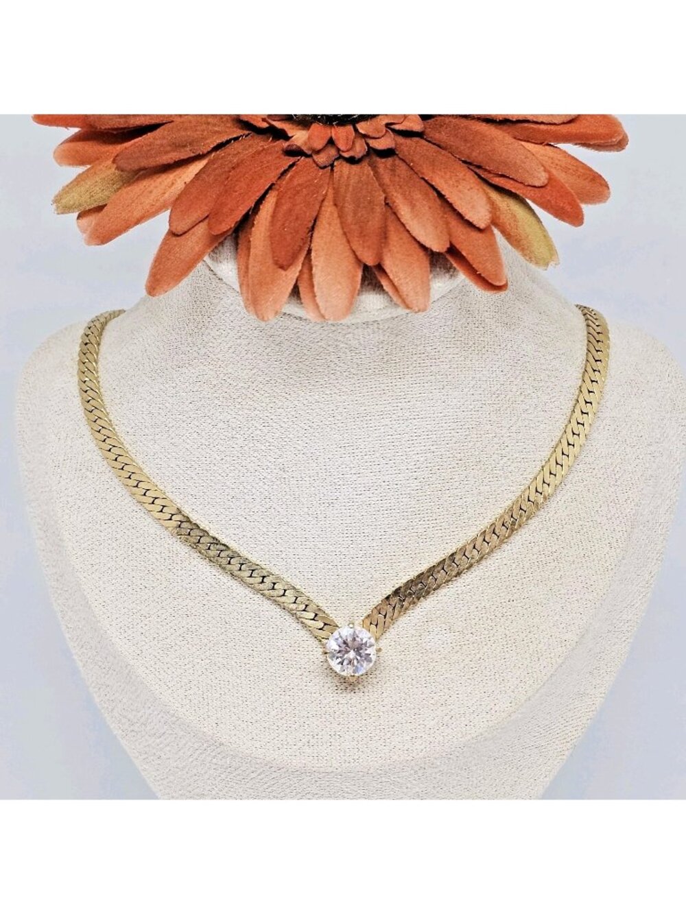 Vintage Gold Tone Crystal V Necklace Flat Herringbone Choker 80s Costume Jewelry